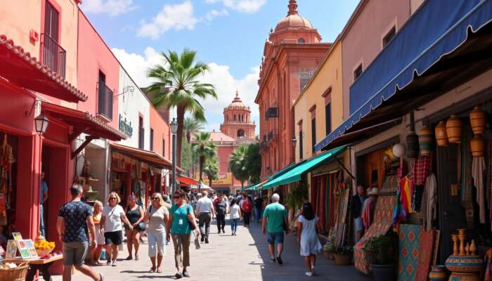 Bustling street in San Miguel de Allende with colourful colonial boutiques, tourists browsing handmade crafts under sunny skies and historic architecture.