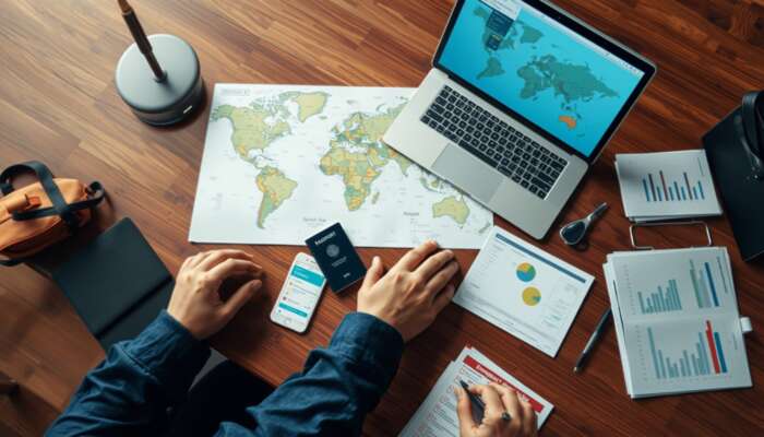 A traveler at a wooden desk plans a trip with a world map, laptop showing apps, passport, documents, budget chart, and emergency list.