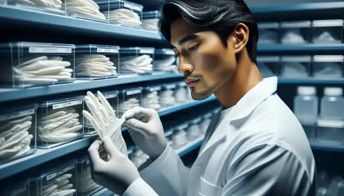 Healthcare professional in a white lab coat inspects sterile latex gloves for defects in a clean UK facility, with gloves stored in sealed containers.