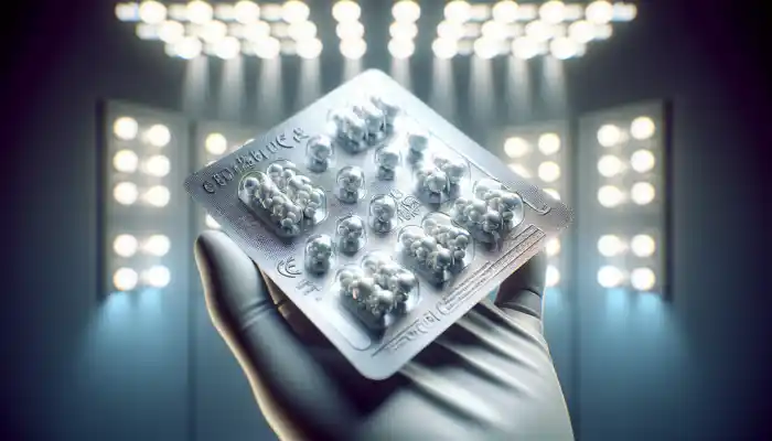 Close-up of sterile latex gloves in sealed packaging, displaying CE marking and certifications on a UK pharmacy shelf under bright lights.