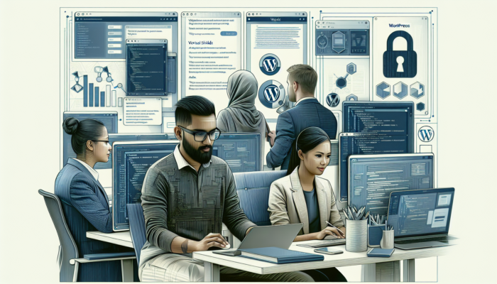 In a modern UK office, WordPress developers collaborate on maintenance, updating code, troubleshooting issues, and deploying security shields.