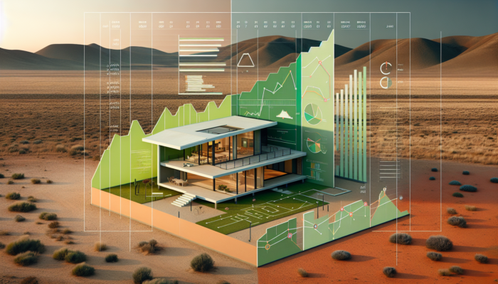 A modern house in Postmasburg's arid landscape with green stable graphs for fixed rates and red fluctuating lines for variable rates.