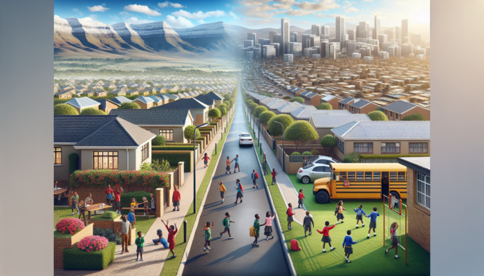 In Randburg, a street scene contrasts a well-maintained school with smiling students and upscale homes against a rundown school and neglected houses.