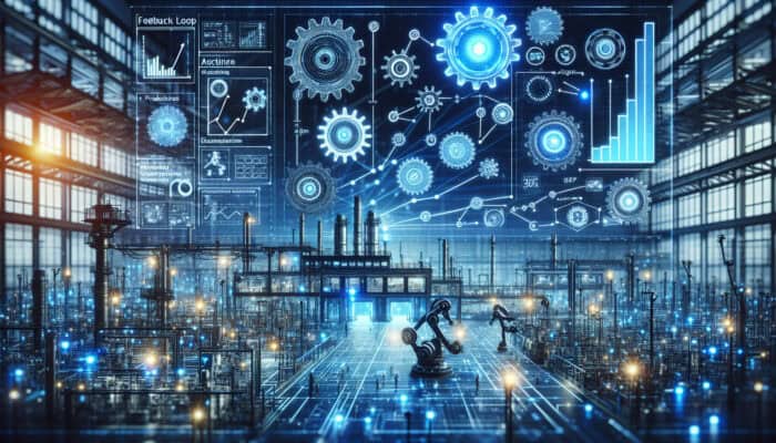 Dynamic factory illustration depicting gears, circuits, and robots in a feedback loop that optimises operations with blue lights and rising graphs.