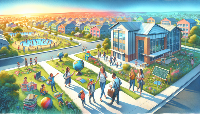 Vibrant Bloemfontein school zone: families touring modern building, parents discussing curricula, children playing in parks, reviewing charts under sunny sky.