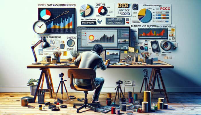 Creative marketer in a home office edits budget video ad on laptop with DIY props and PPC analytics charts.