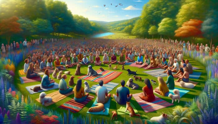 Diverse people sit in a circle on colourful blankets in a lush park, sharing pet stories with dogs and cats nearby under a sunny sky.