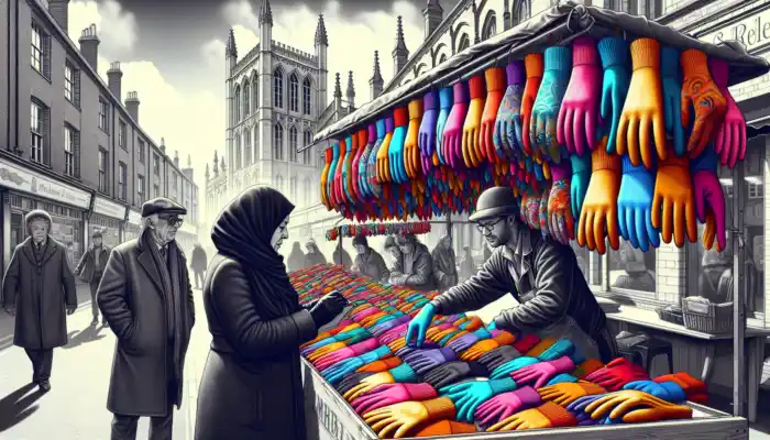 A shopper inspects vibrant gloves at a bustling Leicester market stall, framed by historic brick buildings and a grey sky in the background.