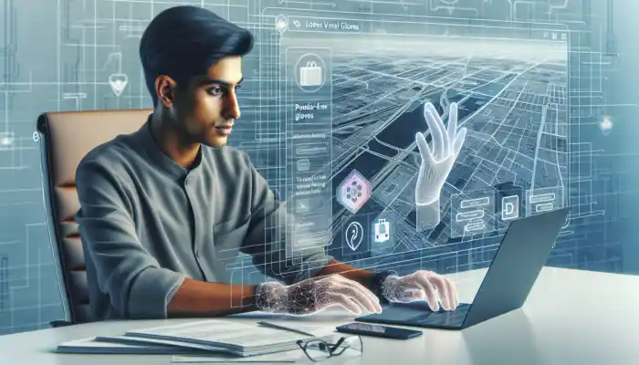 A focused individual at a desk browses a UK medical website on a laptop, examining images of powder-free vinyl gloves with a Leicester map and delivery icons in the background.