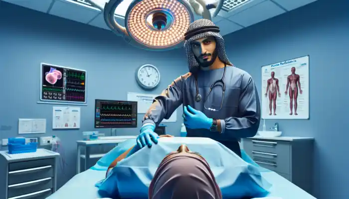 A healthcare professional in a Chippenham clinic wears blue nitrile gloves while performing a procedure in a sterile, well-lit environment.