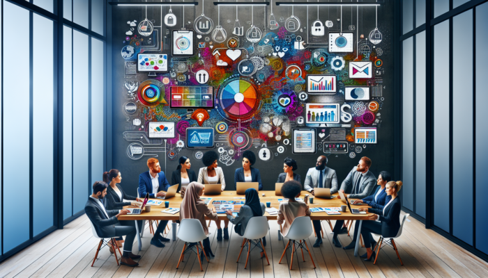 Diverse team of small business owners brainstorming e-commerce marketing at a modern desk, with laptops showcasing colourful ads, demographic charts, and social media icons.