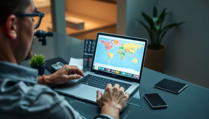 A traveler at a sleek desk organising vacation logistics on a laptop, showing flight bookings, hotel reservations, and a colourful itinerary map.
