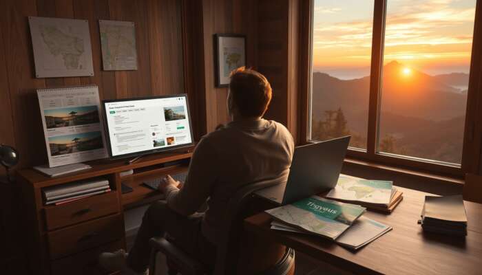 A traveller in a cozy room sits at a desk with a laptop showing hotel options, surrounded by maps and a mountain sunset view.
