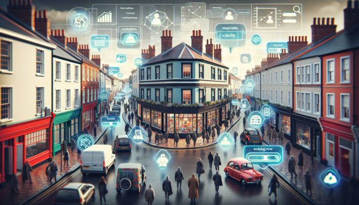 A bustling Teignmouth high street with a small shop overlaid by glowing SEO elements like rising rankings, keyword clouds, and streaming customers, symbolizing growth.