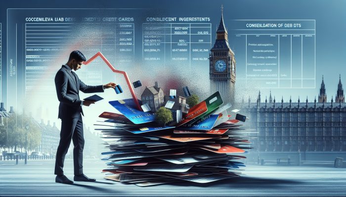 Can I Get Debt Consolidation with Defaults?: Expert Guide | DCL A determined UK resident stands before Big Ben, merging chaotic credit cards and bills into a glowing loan agreement with falling interest graphs.