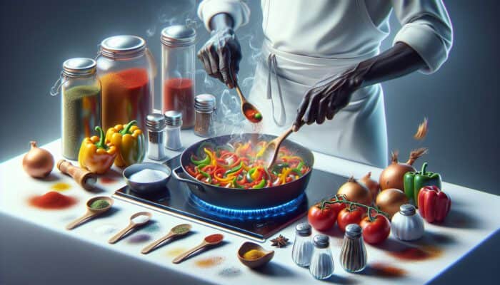 In a vibrant kitchen, a chef sautés fresh bell peppers, onions, and tomatoes in a pan, with spices, salt, and coconut cream nearby.