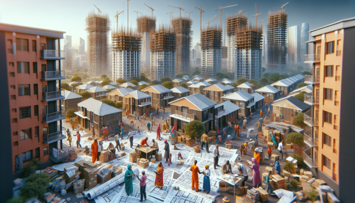 Bustling construction site in Centurion, South Africa: modern homes under build, zoning signs, blueprints, and people discussing affordable housing.