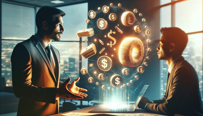 A financial advisor guides a relieved client through loan consolidation, with debt documents merging on a glowing screen in a warm-lit office.