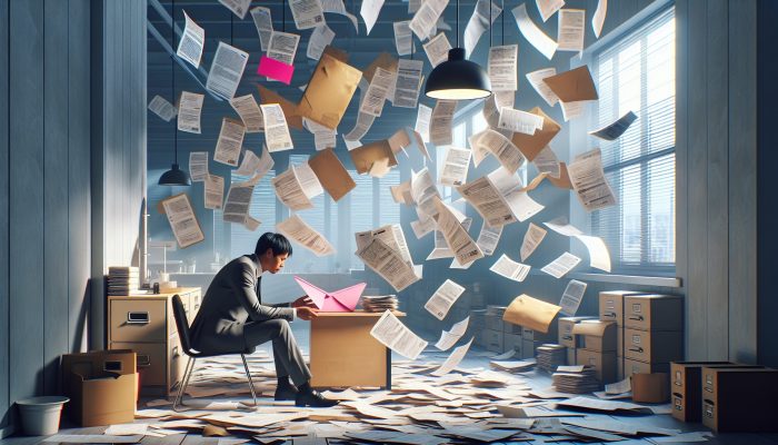 Debt Consolidation After Redundancy Or Job Loss | DCL Stressed professional at cluttered desk merges bills and pink slip into glowing folder, symbolising debt consolidation after job loss in hopeful office.