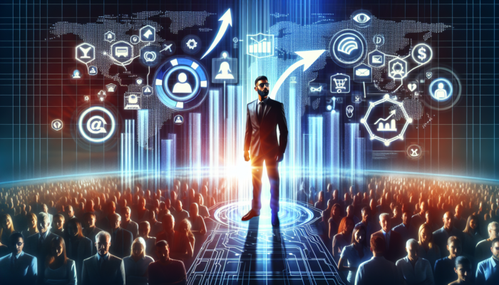 A confident marketer on a glowing digital stage, surrounded by a growing diverse audience, with holographic social media icons, rising follower graphs, and strategy boards.