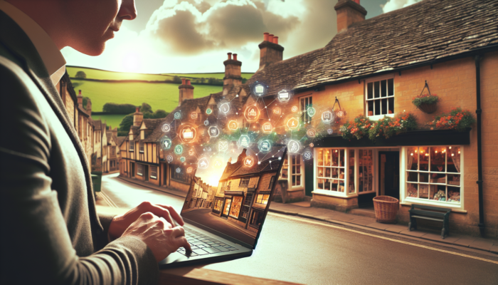A business owner in Stow-on-the-Wold shop reviews analytics graphs on a laptop, showing increasing likes, shares, and comments in a British village setting.