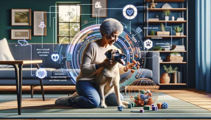 A happy dog playing with interactive toys in a comfortable living room, receiving gentle affection and positive reinforcement from its owner.