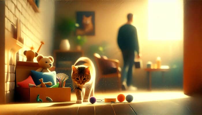 A curious cat emerges from hiding in a sunlit living room, exploring toys and furniture as a patient owner watches supportively.