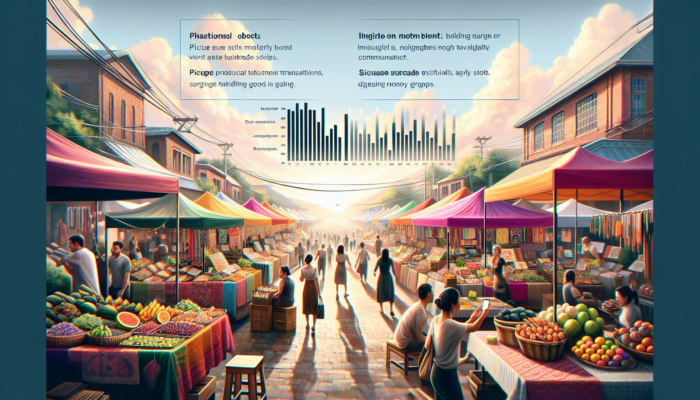 Bustling local market with WooCommerce stalls displaying handmade goods on screens, customers browsing apps, rising sales graphs under sunny sky.