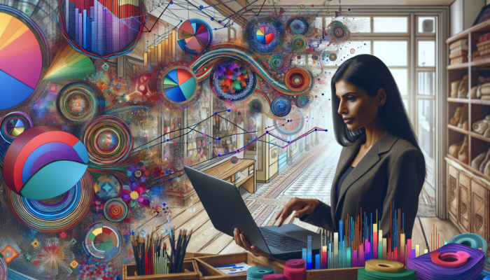 A focused entrepreneur in a Winchcombe gift shop reviews WooCommerce analytics on a laptop, surrounded by colourful graphs of sales trends and customer behaviour.