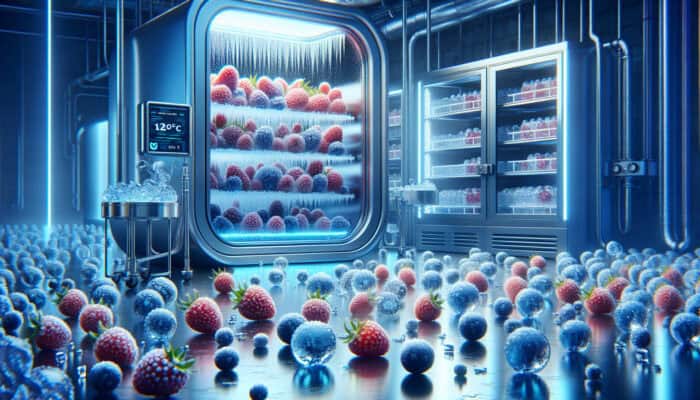 Best Tips for Freezing Food as a Beginner: Vibrant berries rapidly crystallizing into ice structures in a glowing blue high-tech freezer lab at -18°C.