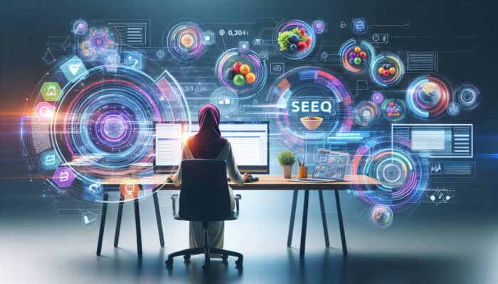 An analyst concentrating at a sleek desk, surrounded by floating holographic keywords, reviewing SEO graphs on multiple screens.