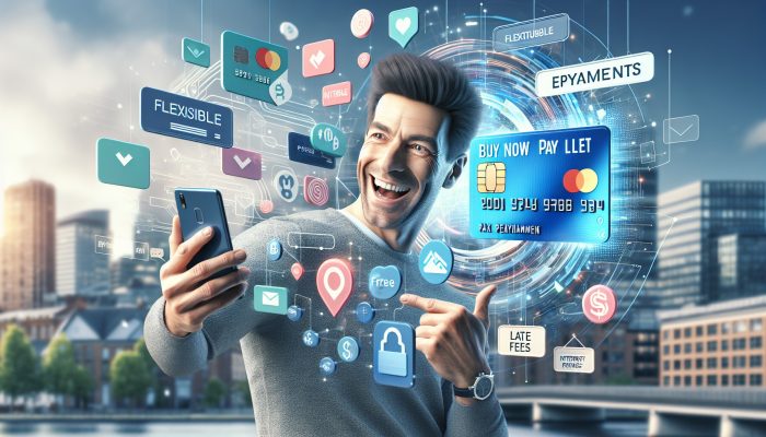 can i consolidate buy now pay later debts?: Expert Tips | DCL Illustration of a shopper buying online with a BNPL card, surrounded by flexible repayment timelines, interest-free symbols, late fee warnings, and a modern urban backdrop.