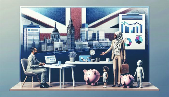 Debt Consolidation for Single Parents in Debt | DCL Determined single parent consulting financial advisor in modern London office with graphs, piggy banks, toys, and Union Jack flag.