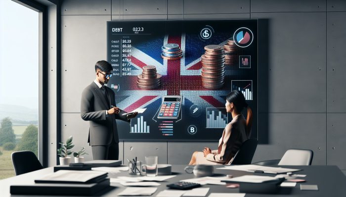 UK debt adviser consulting with relieved client in modern office, surrounded by financial charts, calculators, coins, and Union Jack flag.