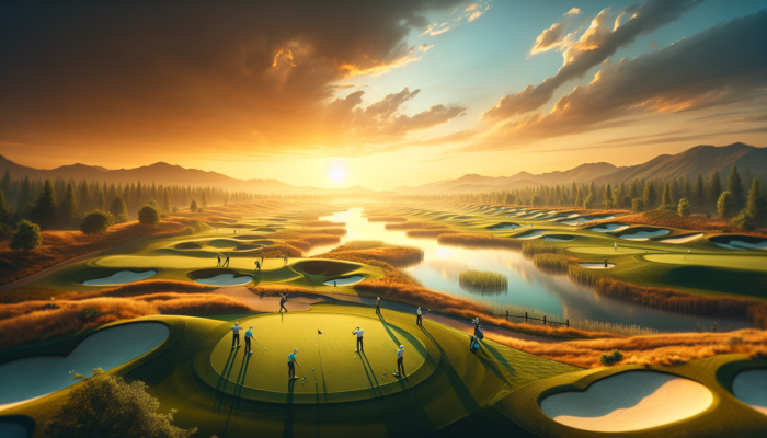 Aerial view of Zebula Golf Course at golden hour, showcasing manicured fairways, water hazards, golfers playing, staff maintaining grounds, and dramatic sunset sky.