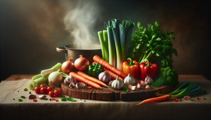 Assortment of fresh onions, carrots, celery, garlic, leeks, and bell peppers on a rustic board, with steam rising from a pot in warm light.