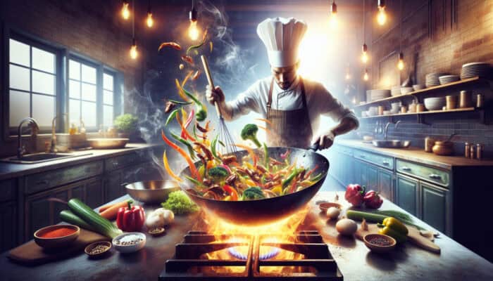 A chef stir-fries colourful vegetables and tender meats in a sizzling wok over high flames, with steam rising and aromatic spices.