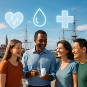 Diverse individuals smiling in Portsmouth harbour, learning about the health benefits of the FBC test amid historic ships and sunny skies.