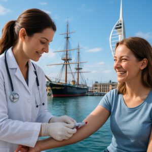 Doctor performing an FBC blood test on a smiling patient in Portsmouth harbour, with Spinnaker Tower and ships.