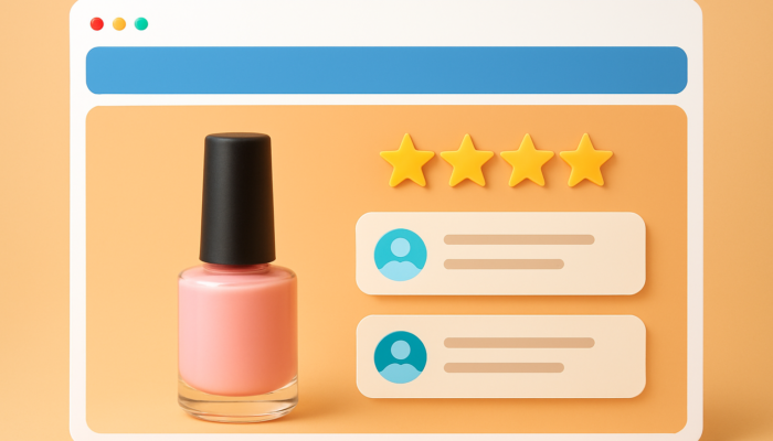 Vibrant e-commerce page for a Nailsea business: central product image with bold star ratings and glowing customer reviews.