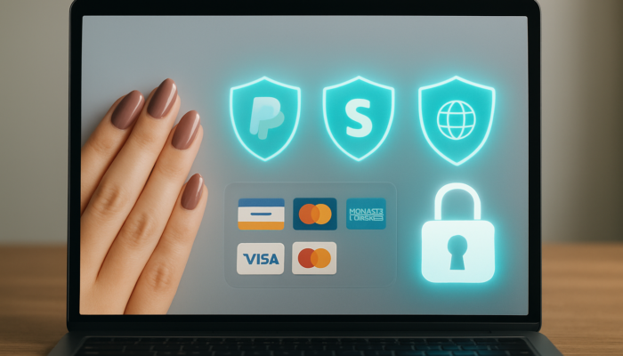 Modern checkout screen featuring PayPal, Stripe, WorldPay icons, secure locks, and encryption shields.