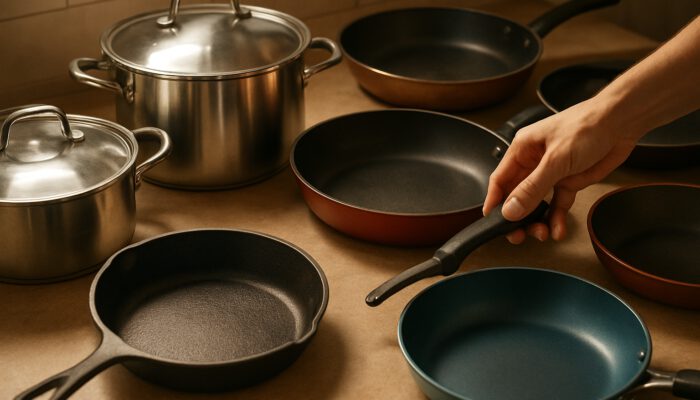 Kitchen counter with diverse cookware: stainless steel pots, cast iron skillets, and a hand selecting one.