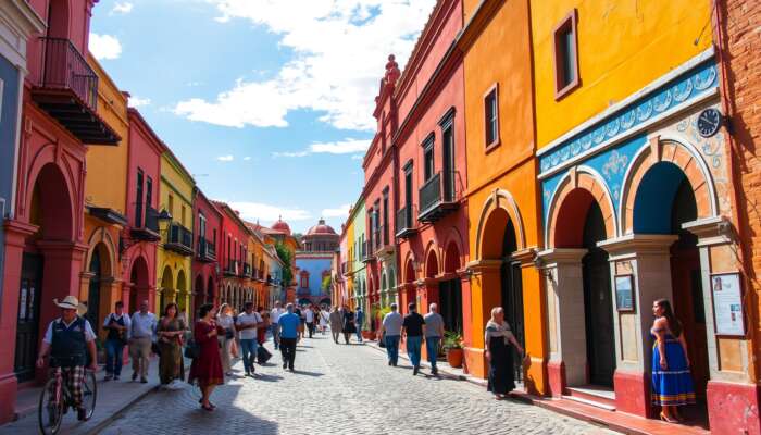 Vibrant street scene in San Miguel de Allende featuring colourful colonial buildings, intricate archways, cobbled paths, and locals in traditional attire beneath a sunny sky.