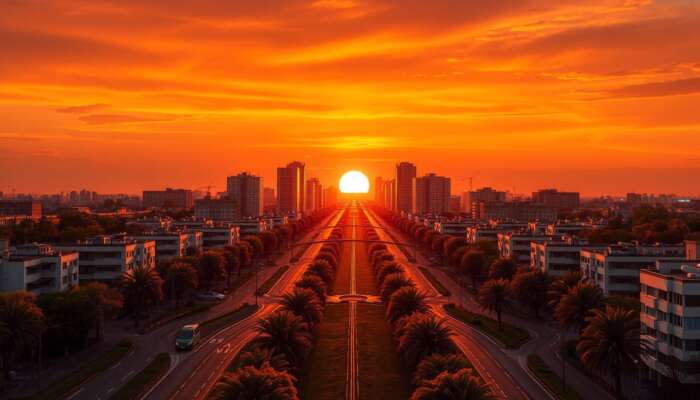 Symmetrical urban landscape at golden hour, featuring winding paths leading to a vibrant focal point, enhanced by striking warm-cool colour contrasts.