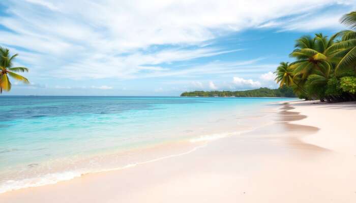A tranquil Belizean beach at dawn: turquoise waters gently lapping against pristine white sand, with swaying palm trees and colourful fish in vibrant reefs.