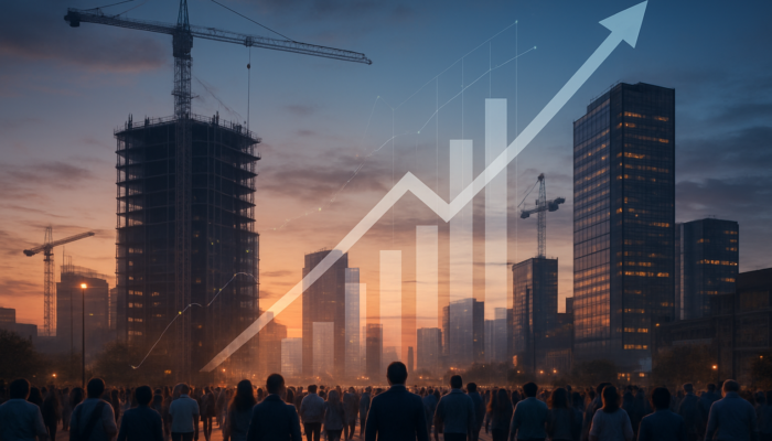 Witbank cityscape at dusk: high-rises under construction, economic graphs, diverse crowds, and growth symbols.