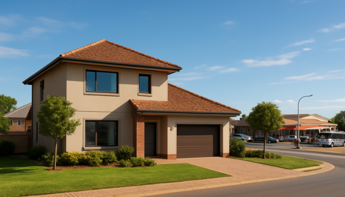 Modern home in Centurion, South Africa, conveniently located near schools, shopping, and public transport under a clear blue sky.