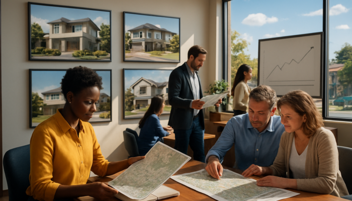 Bustling real estate office in Centurion: Buyers examine suburb maps, interest rate graphs, and modern homes under a sunny sky.