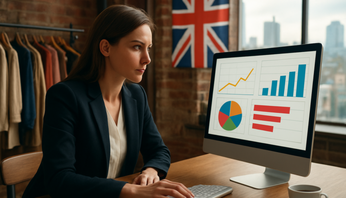 Determined entrepreneur in a Manchester boutique analysing rising Google Analytics graphs with a Union Jack backdrop.