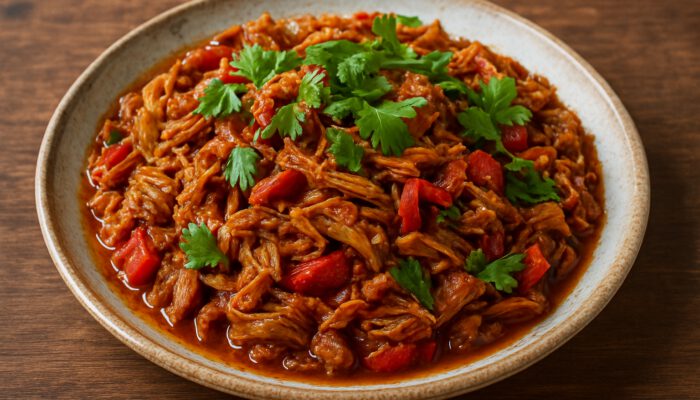 Vibrant vegetarian Cuban Ropa Vieja featuring shredded jackfruit, spicy sauce, and fresh greens garnish.